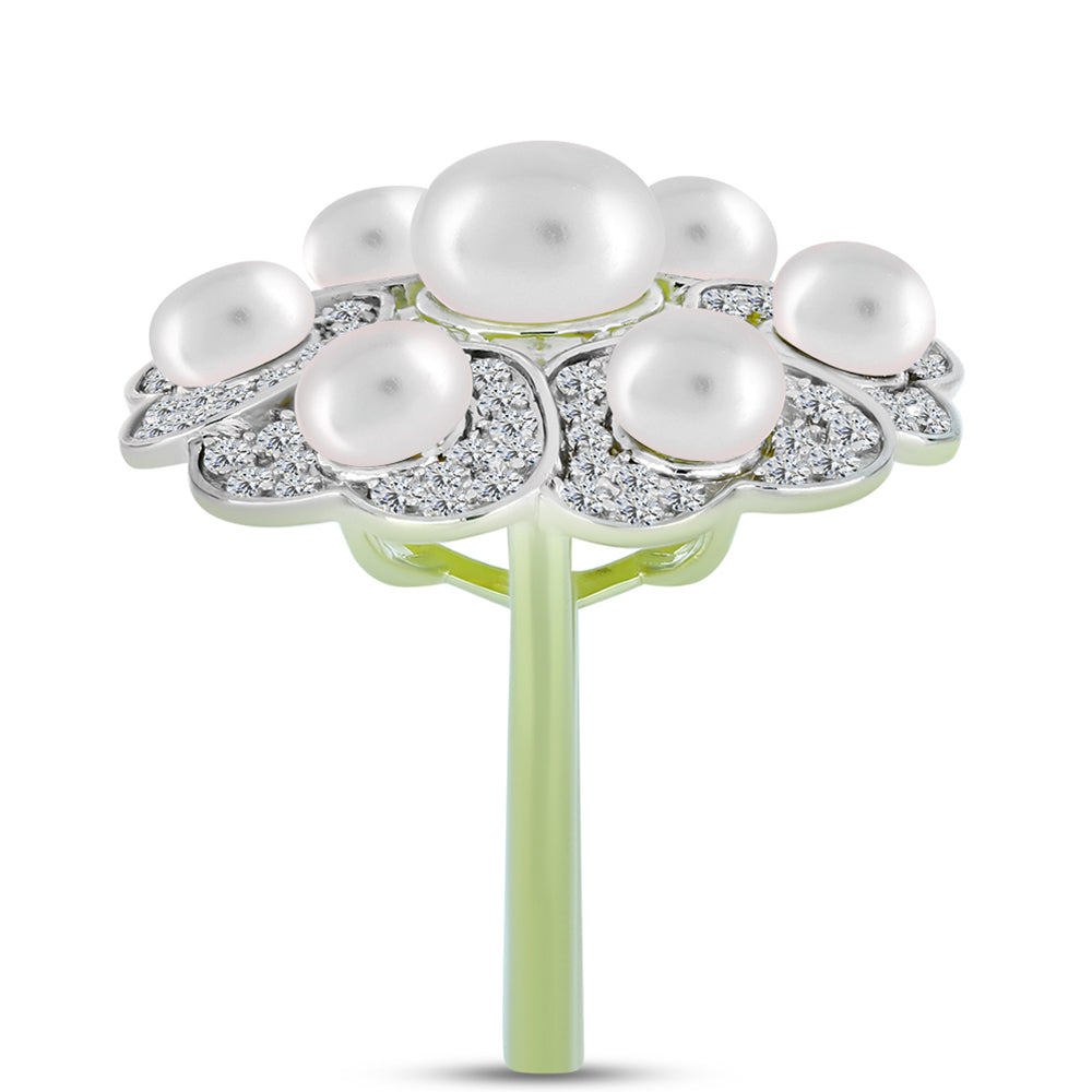 Inel din Argint 925 Placat cu Aur ( 6.53 grame ) cu Perlă de Apă Dulce Albă și Topaz Alb 9.25 Carate 4 