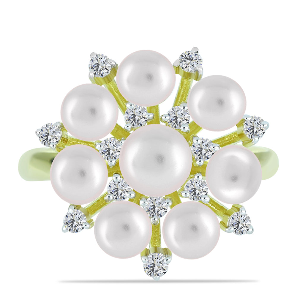 Inel din Argint 925 Placat cu Aur ( 3.66 grame ) cu Perlă de Apă Dulce Albă și Topaz Alb 5.46 Carate