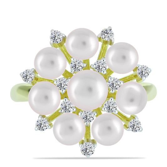 Inel din Argint 925 Placat cu Aur ( 3.66 grame ) cu Perlă de Apă Dulce Albă și Topaz Alb 5.46 Carate