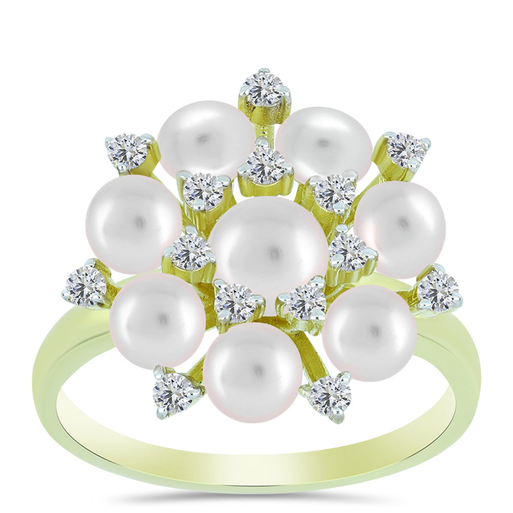 Inel din Argint 925 Placat cu Aur ( 3.66 grame ) cu Perlă de Apă Dulce Albă și Topaz Alb 5.46 Carate