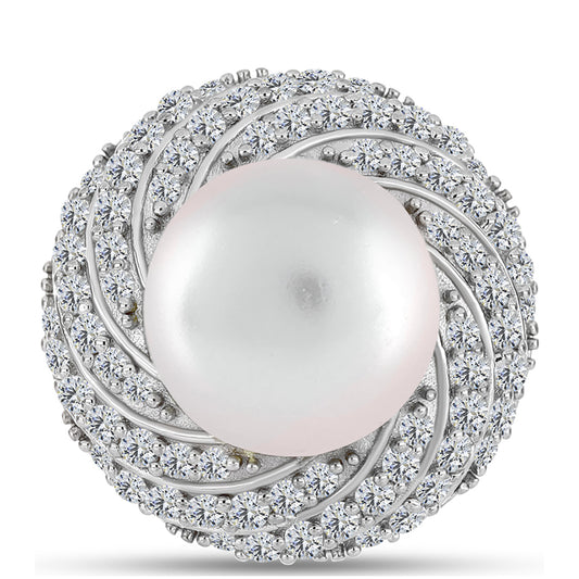 Inel din Argint 925 Placat cu Aur ( 5.71 grame ) cu Perlă de Apă Dulce Albă și Topaz Alb 11.61 Carate