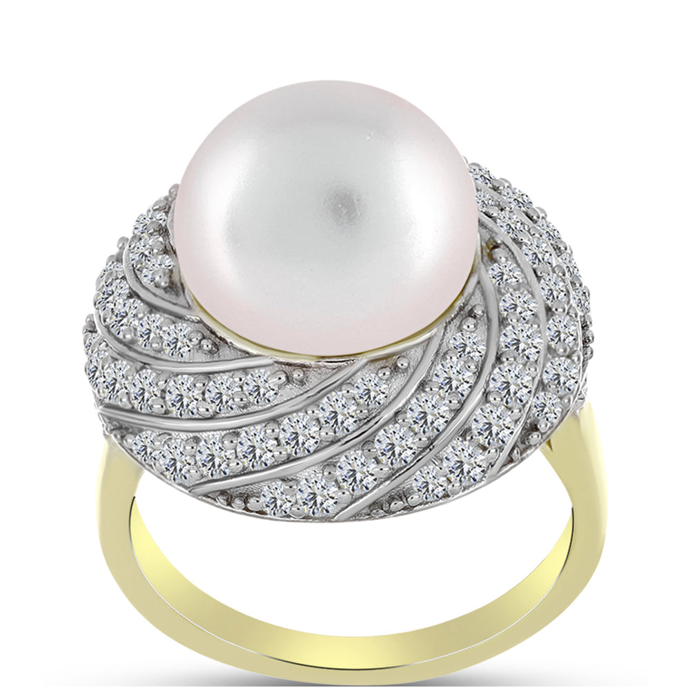 Inel din Argint 925 Placat cu Aur ( 5.71 grame ) cu Perlă de Apă Dulce Albă și Topaz Alb 11.61 Carate