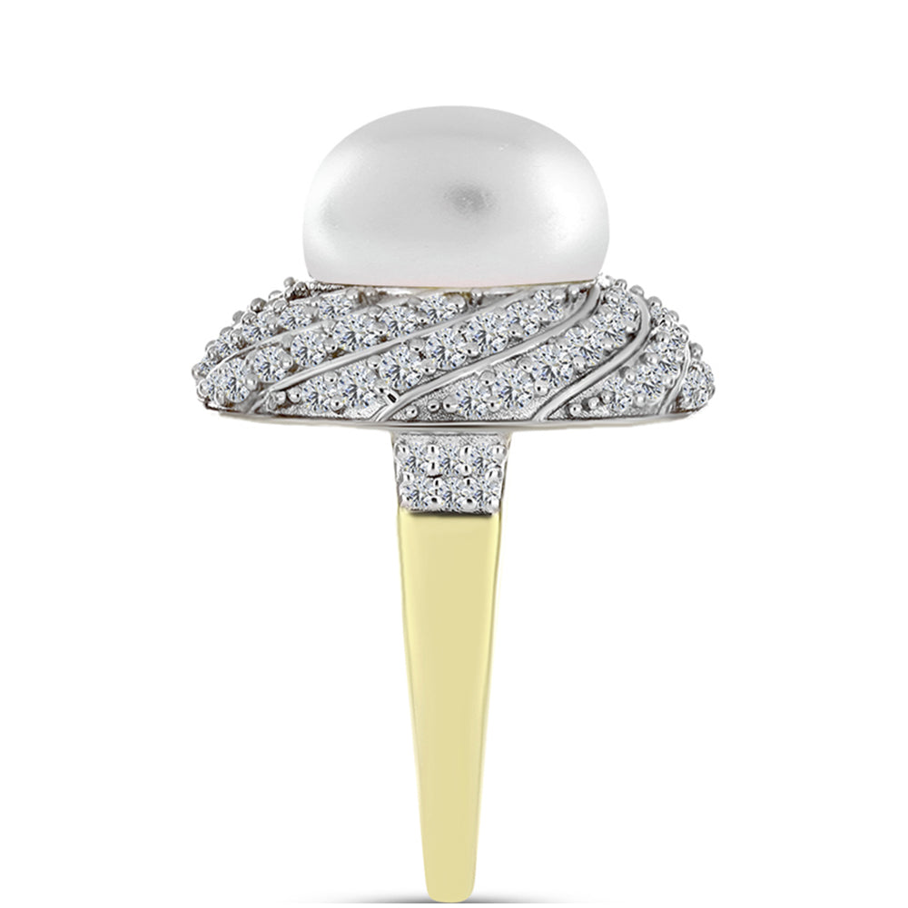 Inel din Argint 925 Placat cu Aur ( 5.71 grame ) cu Perlă de Apă Dulce Albă și Topaz Alb 11.61 Carate 4 