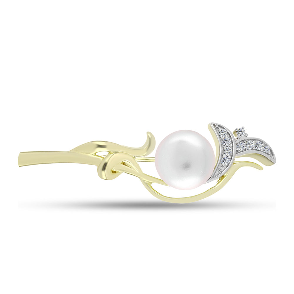 Broşă din Argint 925 Placat cu Aur ( 2.78 grame ) cu Perlă de Apă Dulce Albă și Topaz Alb 3.04 Carate