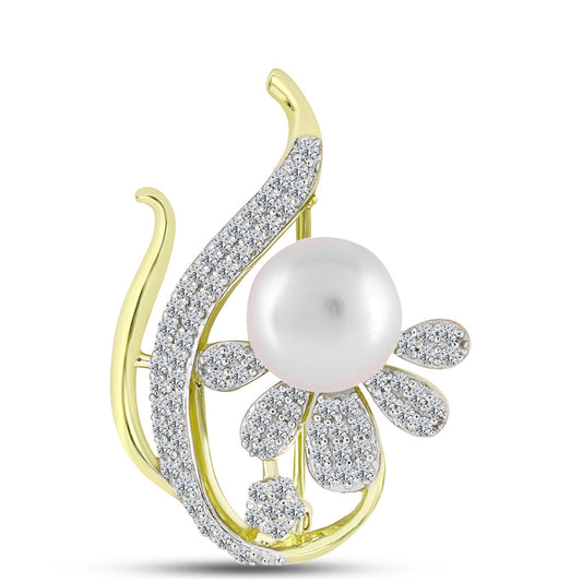 Broşă din Argint 925 Placat cu Aur ( 3.75 grame ) cu Perlă de Apă Dulce Albă și Topaz Alb 5.07 Carate