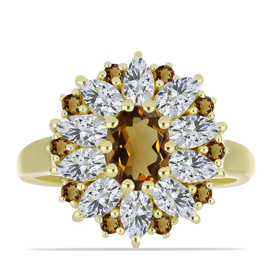Inel din Argint 925 Placat cu Aur ( 4.06 grame ) cu Cuarț Coniac și Topaz Alb 3.87 Carate