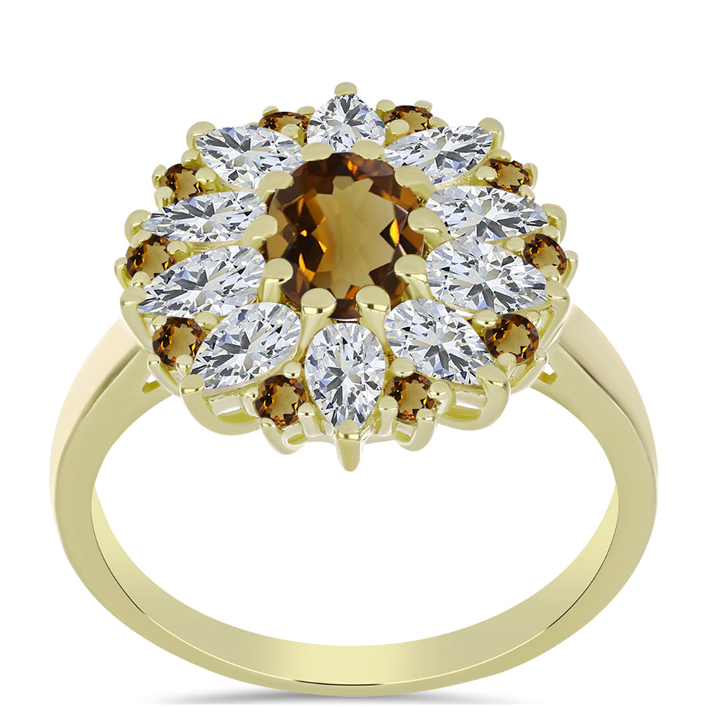 Inel din Argint 925 Placat cu Aur ( 4.06 grame ) cu Cuarț Coniac și Topaz Alb 3.87 Carate 3 