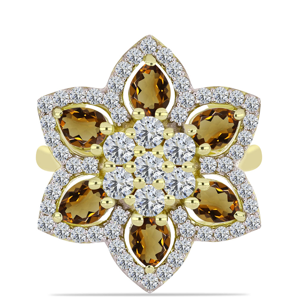 Inel din Argint 925 Placat cu Aur ( 5.34 grame ) cu Cuarț Coniac și Topaz Alb 3.7 Carate