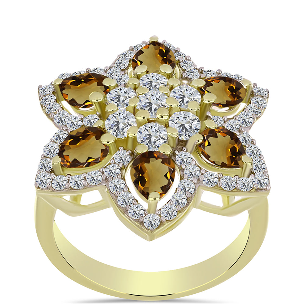 Inel din Argint 925 Placat cu Aur ( 5.34 grame ) cu Cuarț Coniac și Topaz Alb 3.7 Carate 2 