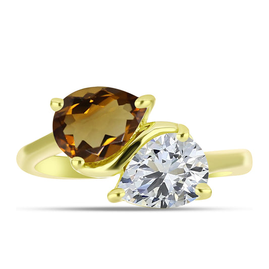 Inel din Argint 925 Placat cu Aur ( 2.45 grame ) cu Cuarț Coniac și Topaz Alb 2.13 Carate