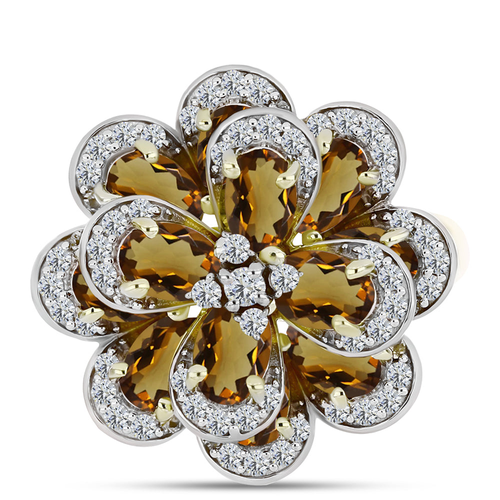 Inel din Argint 925 Placat cu Aur ( 7.64 grame ) cu Cuarț Coniac și Topaz Alb 5.9 Carate