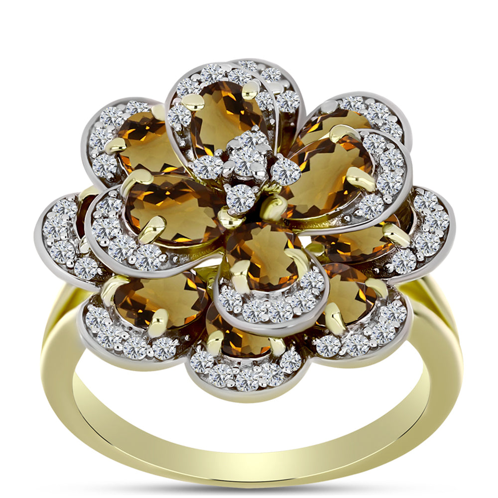 Inel din Argint 925 Placat cu Aur ( 7.64 grame ) cu Cuarț Coniac și Topaz Alb 5.9 Carate