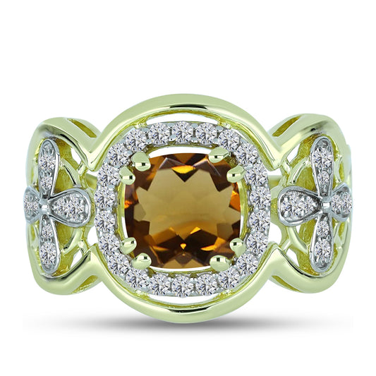 Inel din Argint 925 Placat cu Aur ( 4.22 grame ) cu Cuarț Coniac și Topaz Alb 1.74 Carate