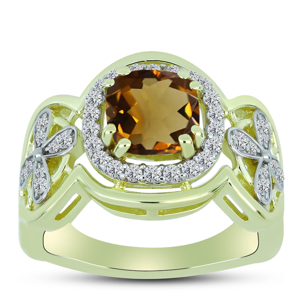 Inel din Argint 925 Placat cu Aur ( 4.22 grame ) cu Cuarț Coniac și Topaz Alb 1.74 Carate 3 