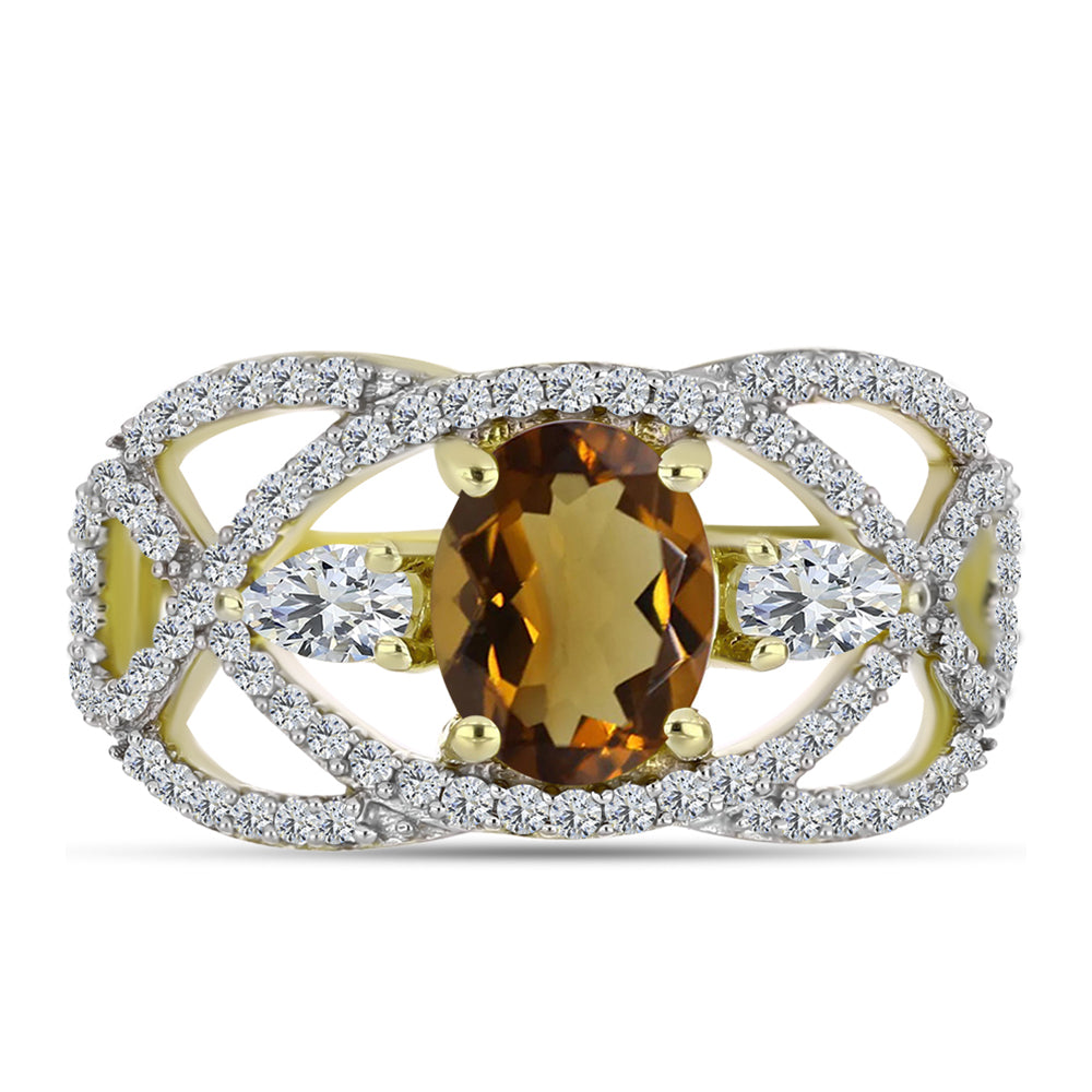 Inel din Argint 925 Placat cu Aur ( 3.74 grame ) cu Cuarț Coniac și Topaz Alb 2.97 Carate