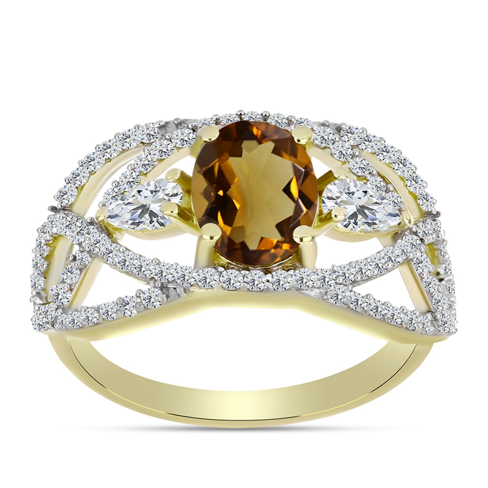 Inel din Argint 925 Placat cu Aur ( 3.74 grame ) cu Cuarț Coniac și Topaz Alb 2.97 Carate