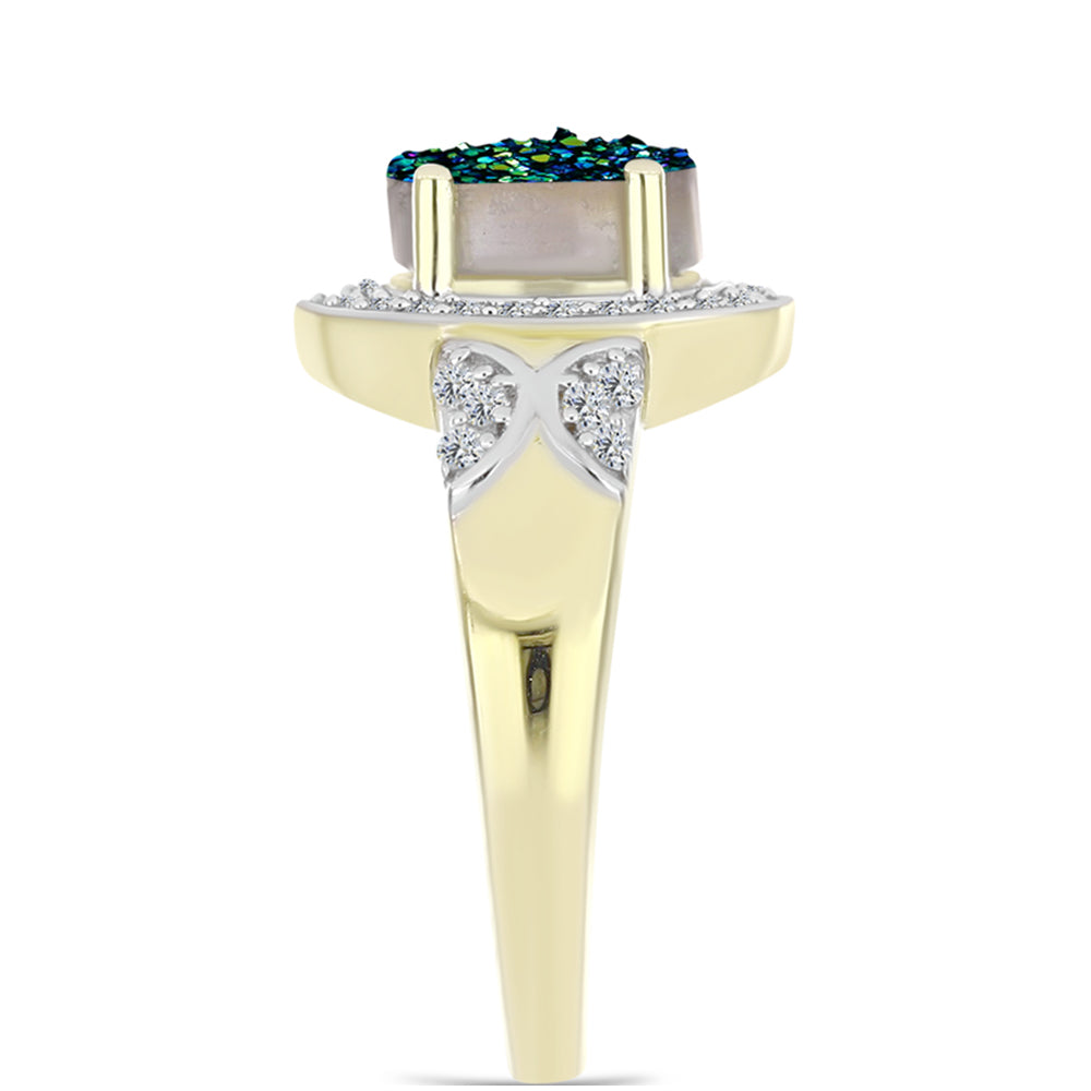 Inel din Argint 925 Placat cu Aur ( 3.56 grame ) cu Drusy Verde și Topaz Alb 1.6 Carate