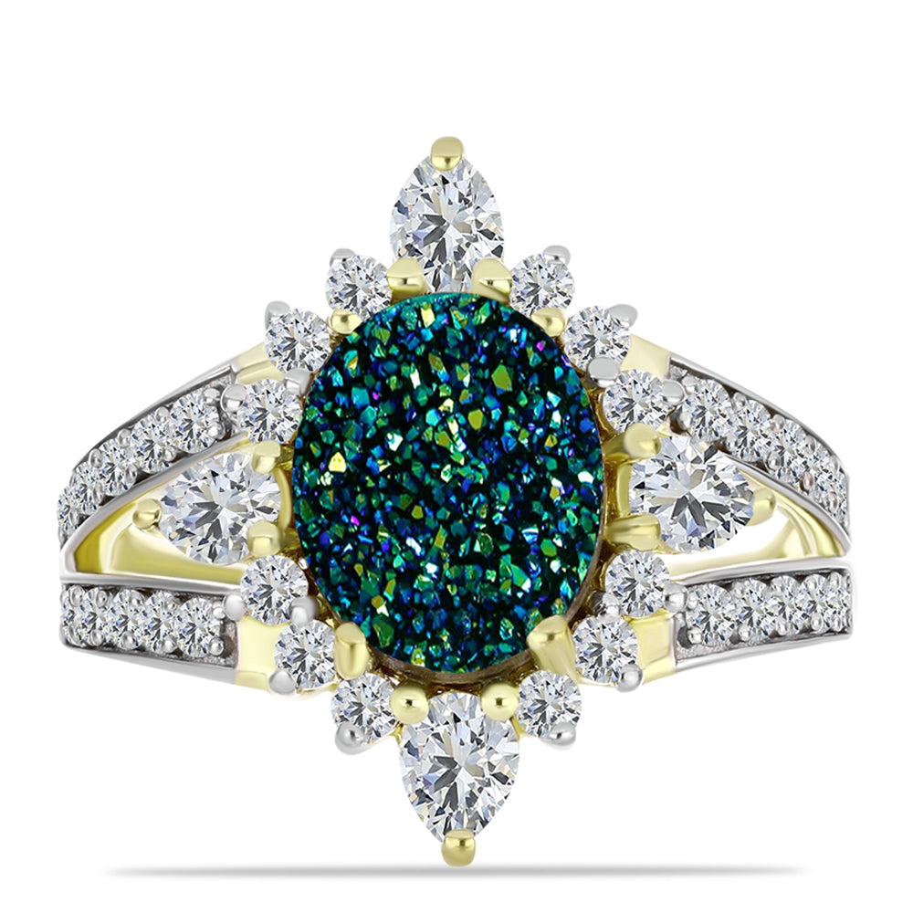 Inel din Argint 925 Placat cu Aur ( 3.67 grame ) cu Drusy Verde și Topaz Alb 4.13 Carate 1 