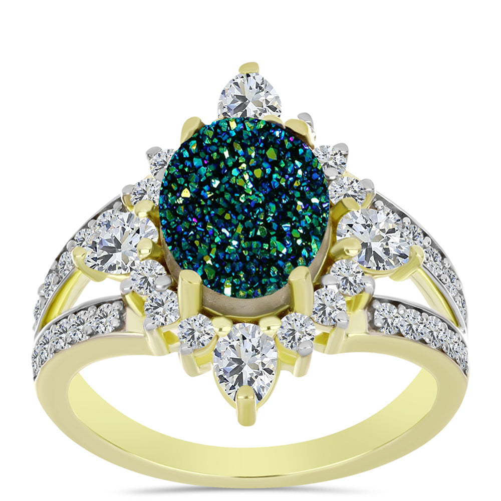 Inel din Argint 925 Placat cu Aur ( 3.67 grame ) cu Drusy Verde și Topaz Alb 4.13 Carate