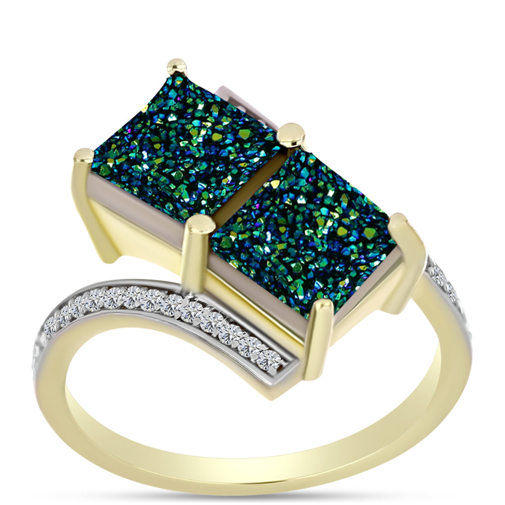 Inel din Argint 925 Placat cu Aur ( 3.04 grame ) cu Drusy Verde și Topaz Alb 3.85 Carate 3 