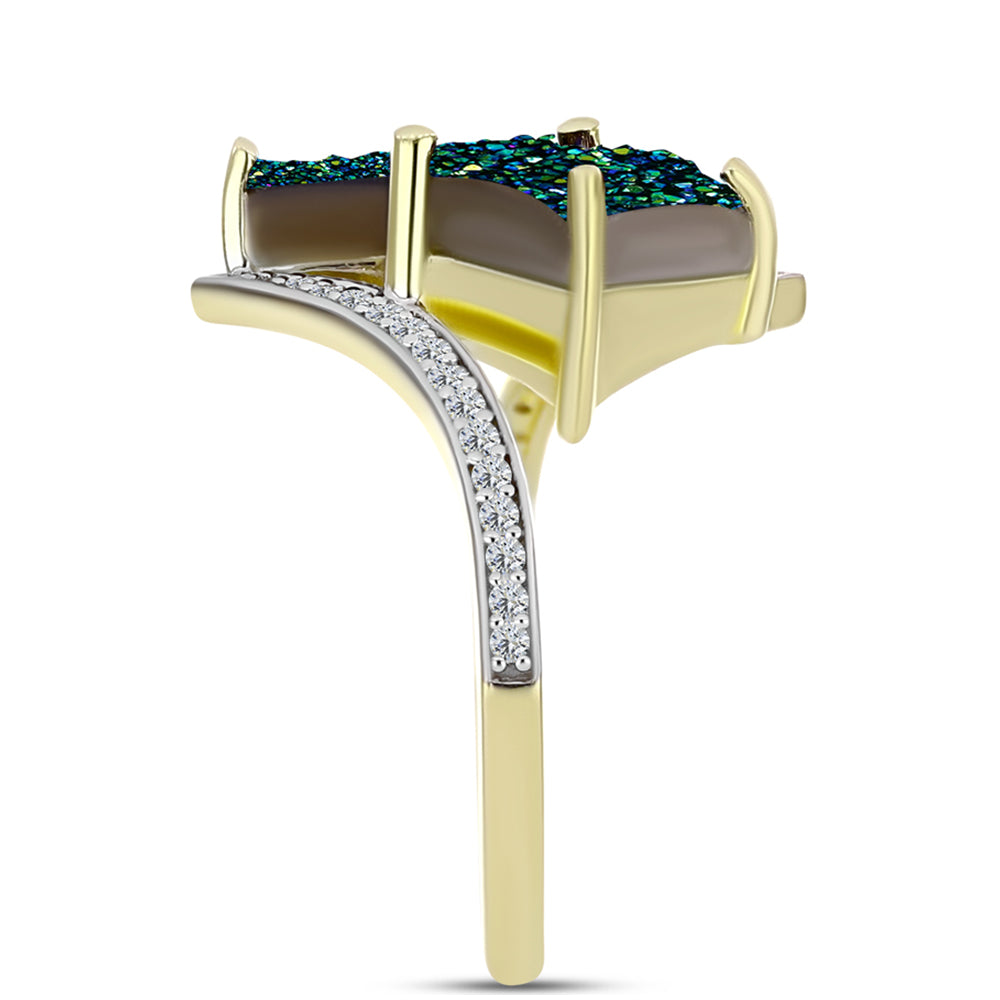 Inel din Argint 925 Placat cu Aur ( 3.04 grame ) cu Drusy Verde și Topaz Alb 3.85 Carate 4 