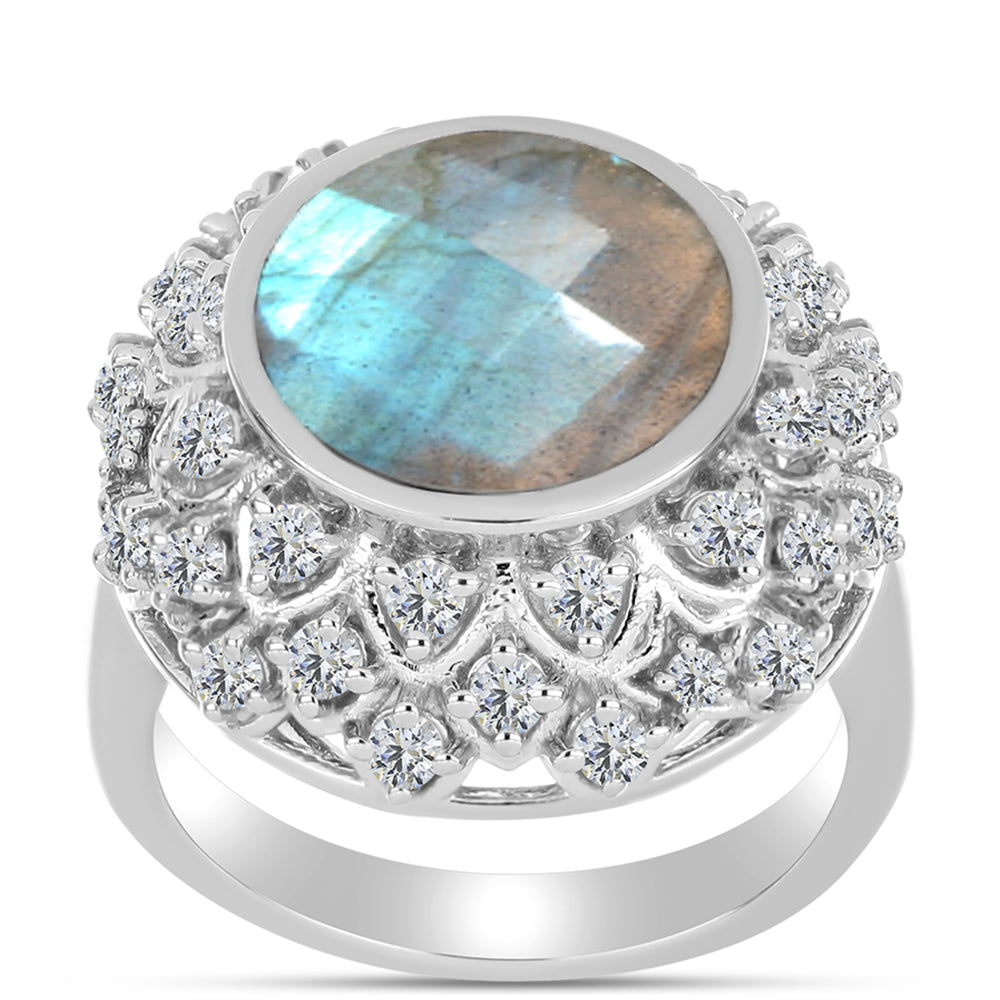 Inel din Argint 925 ( 6.8 grame ) cu Labradorit și Topaz Alb 6.74 Carate