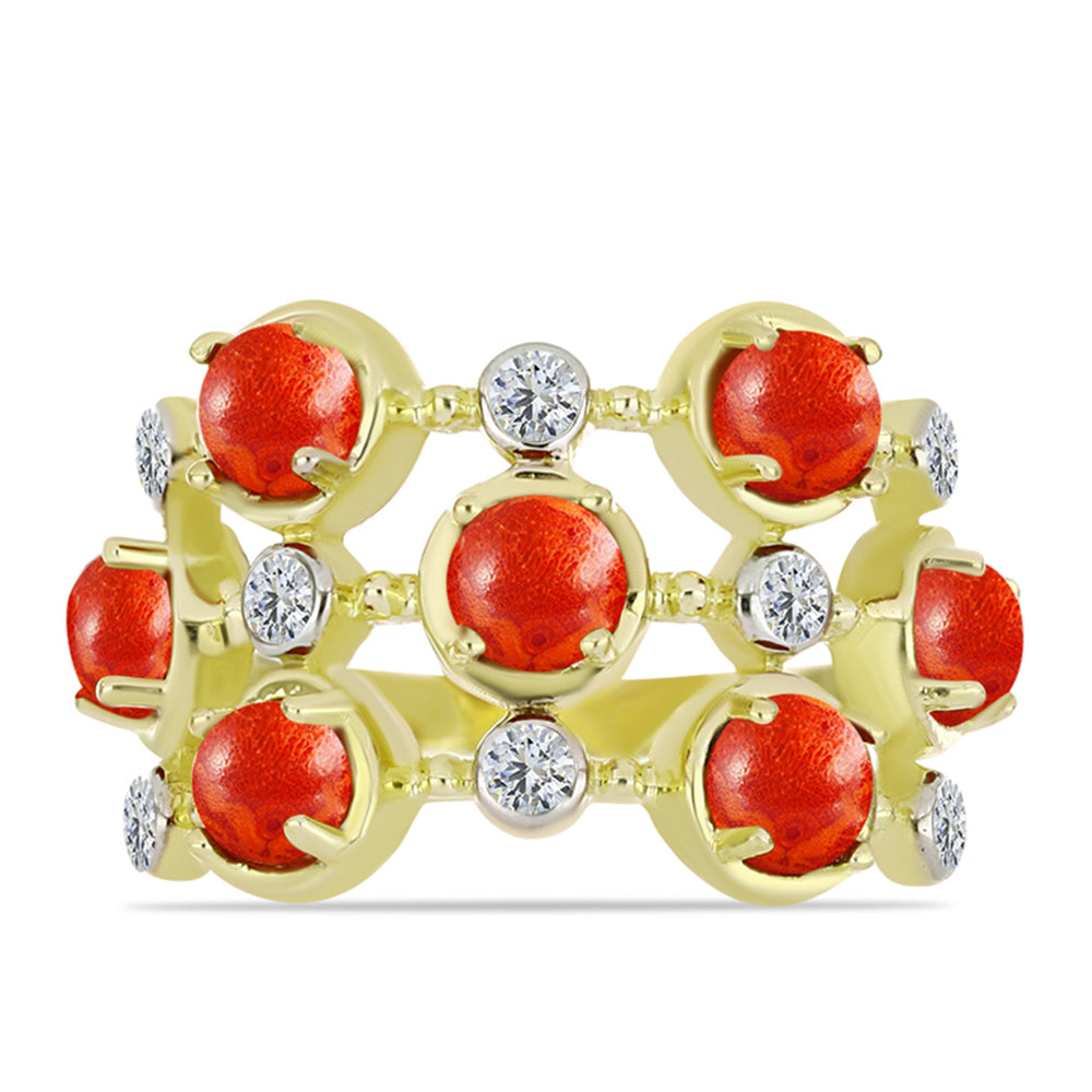 Inel din Argint 925 Placat cu Aur ( 4.43 grame ) cu Coral Roșu Burete și Topaz Alb 2.33 Carate 1 
