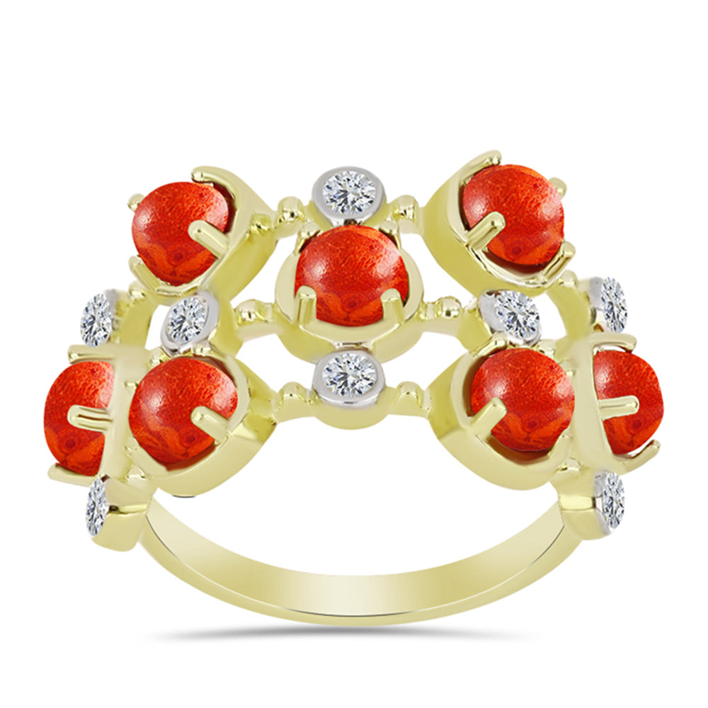 Inel din Argint 925 Placat cu Aur ( 4.43 grame ) cu Coral Roșu Burete și Topaz Alb 2.33 Carate 3 