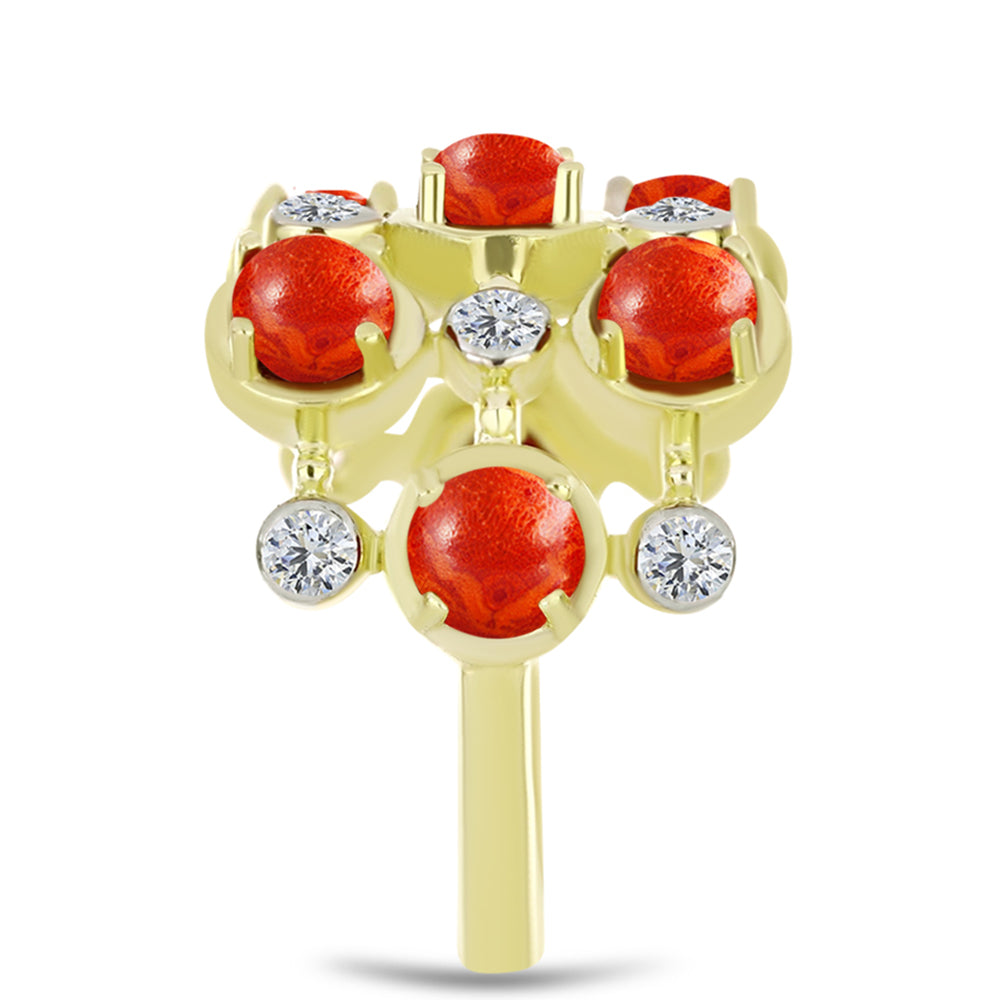 Inel din Argint 925 Placat cu Aur ( 4.43 grame ) cu Coral Roșu Burete și Topaz Alb 2.33 Carate 4 