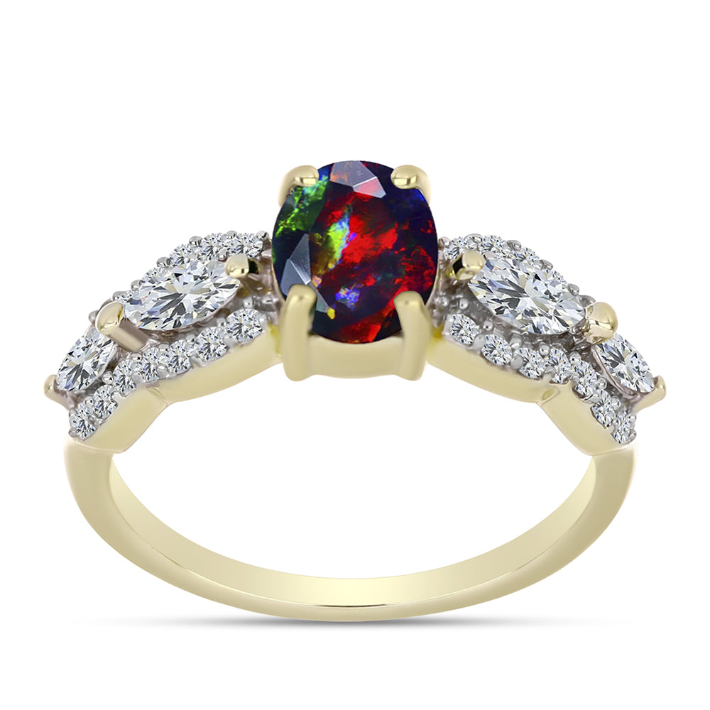 Inel din Argint 925 Placat cu Aur ( 3.1 grame ) cu Opal Etiopian Negru Lega Dembi și Topaz Alb 1.48 Carate