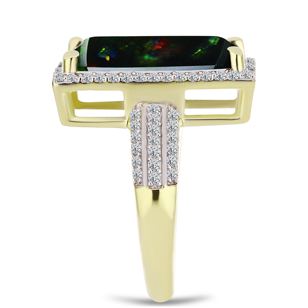 Inel din Argint 925 Placat cu Aur ( 5.12 grame ) cu Opal Etiopian Negru Lega Dembi și Topaz Alb 3.89 Carate 3 