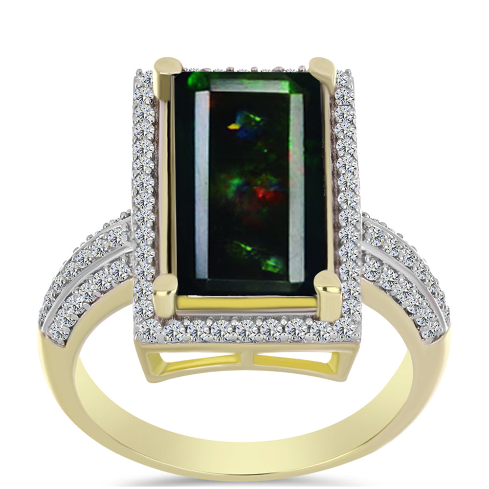 Inel din Argint 925 Placat cu Aur ( 5.12 grame ) cu Opal Etiopian Negru Lega Dembi și Topaz Alb 3.89 Carate