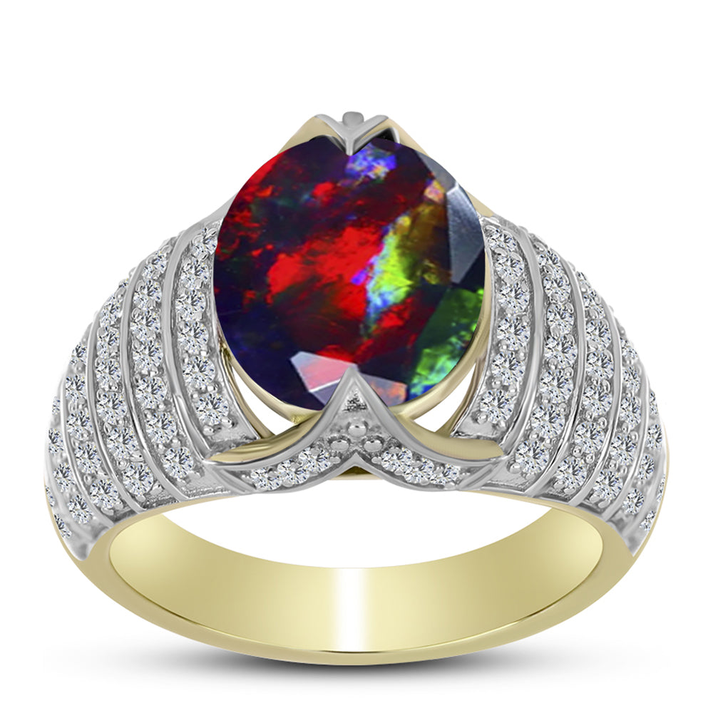 Inel din Argint 925 Placat cu Aur ( 4.39 grame ) cu Opal Etiopian Negru Lega Dembi și Topaz Alb 3.71 Carate 3 