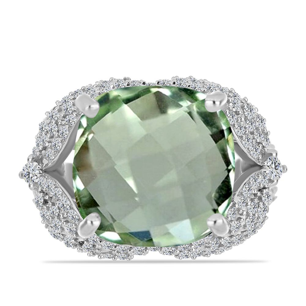 Inel din Argint 925 ( 7.75 grame ) cu Ametist Verde și Topaz Alb 10.58 Carate