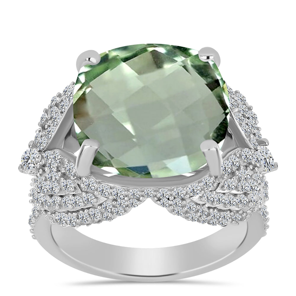 Inel din Argint 925 ( 7.75 grame ) cu Ametist Verde și Topaz Alb 10.58 Carate 3 