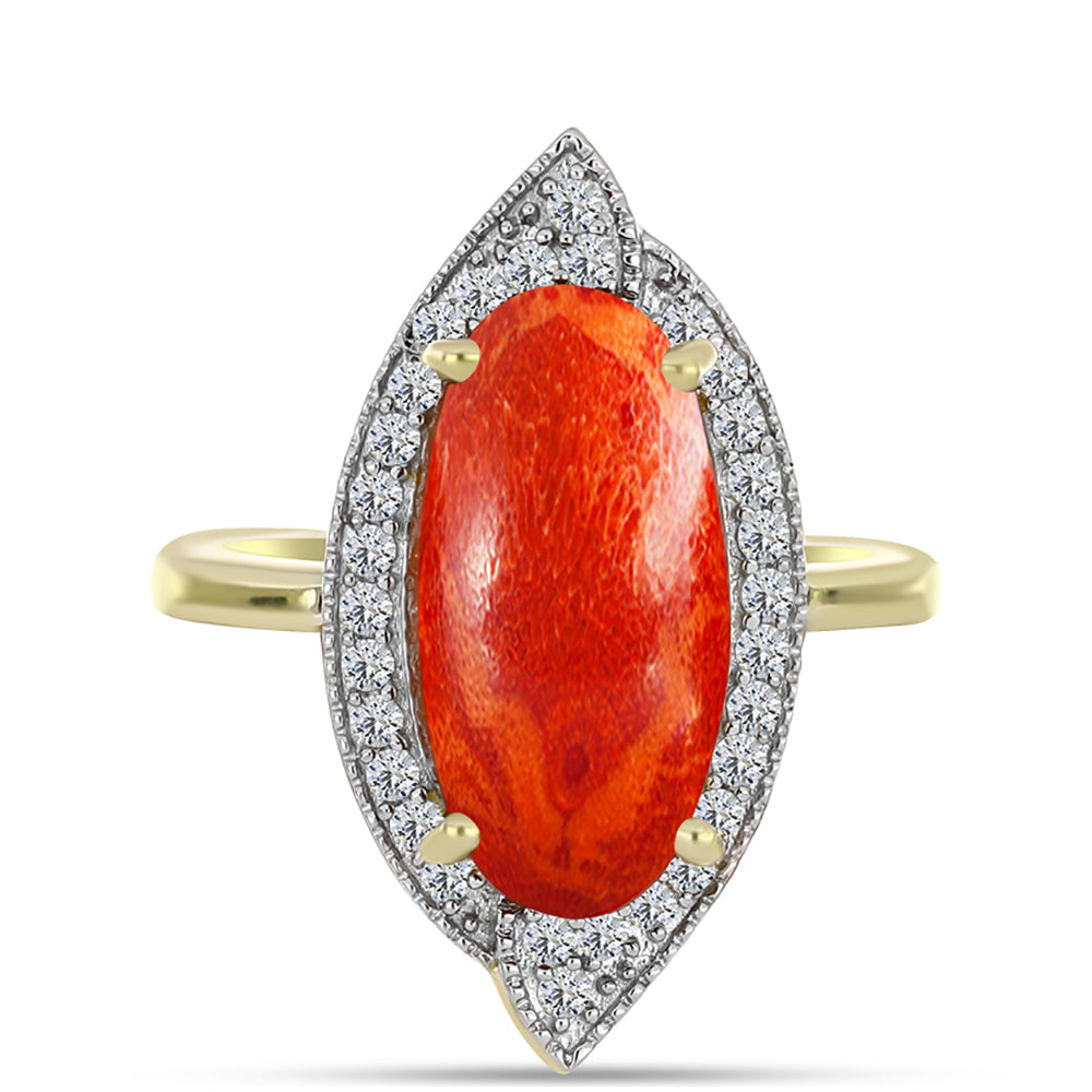 Inel din Argint 925 Placat cu Aur ( 3.11 grame ) cu Coral Roșu Burete și Topaz Alb 4.48 Carate 1 