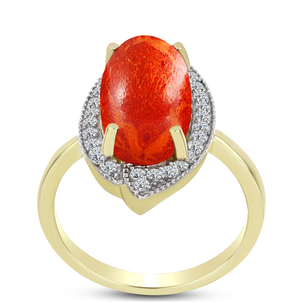 Inel din Argint 925 Placat cu Aur ( 3.11 grame ) cu Coral Roșu Burete și Topaz Alb 4.48 Carate