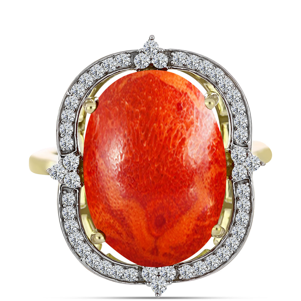 Inel din Argint 925 Placat cu Aur ( 3.66 grame ) cu Coral Roșu Burete și Topaz Alb 10.22 Carate