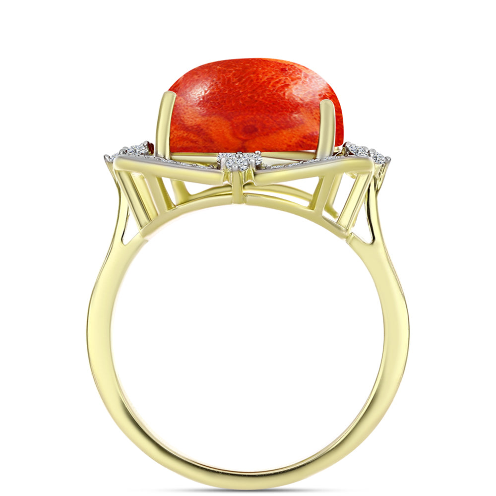 Inel din Argint 925 Placat cu Aur ( 3.66 grame ) cu Coral Roșu Burete și Topaz Alb 10.22 Carate