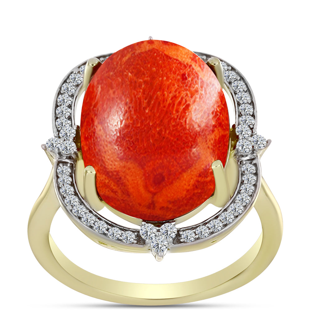 Inel din Argint 925 Placat cu Aur ( 3.66 grame ) cu Coral Roșu Burete și Topaz Alb 10.22 Carate 3 