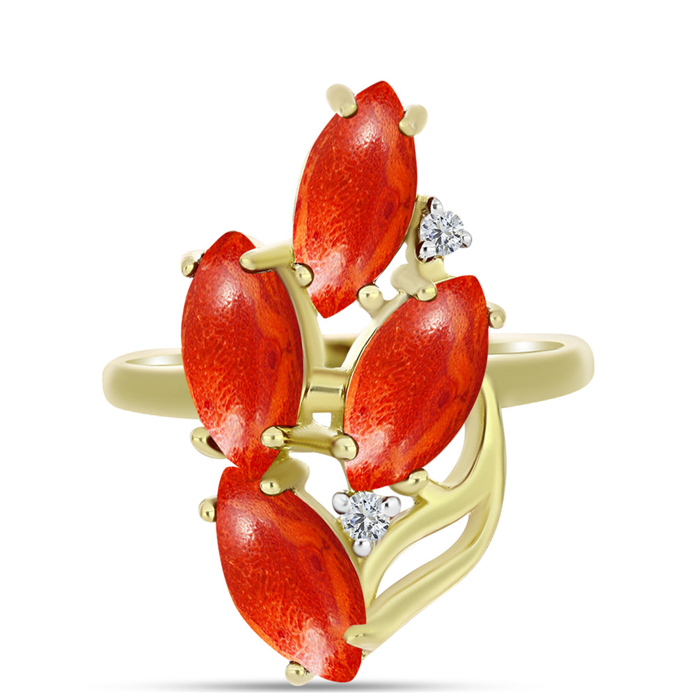 Inel din Argint 925 Placat cu Aur ( 3.54 grame ) cu Coral Roșu Burete și Topaz Alb 3.89 Carate 1 