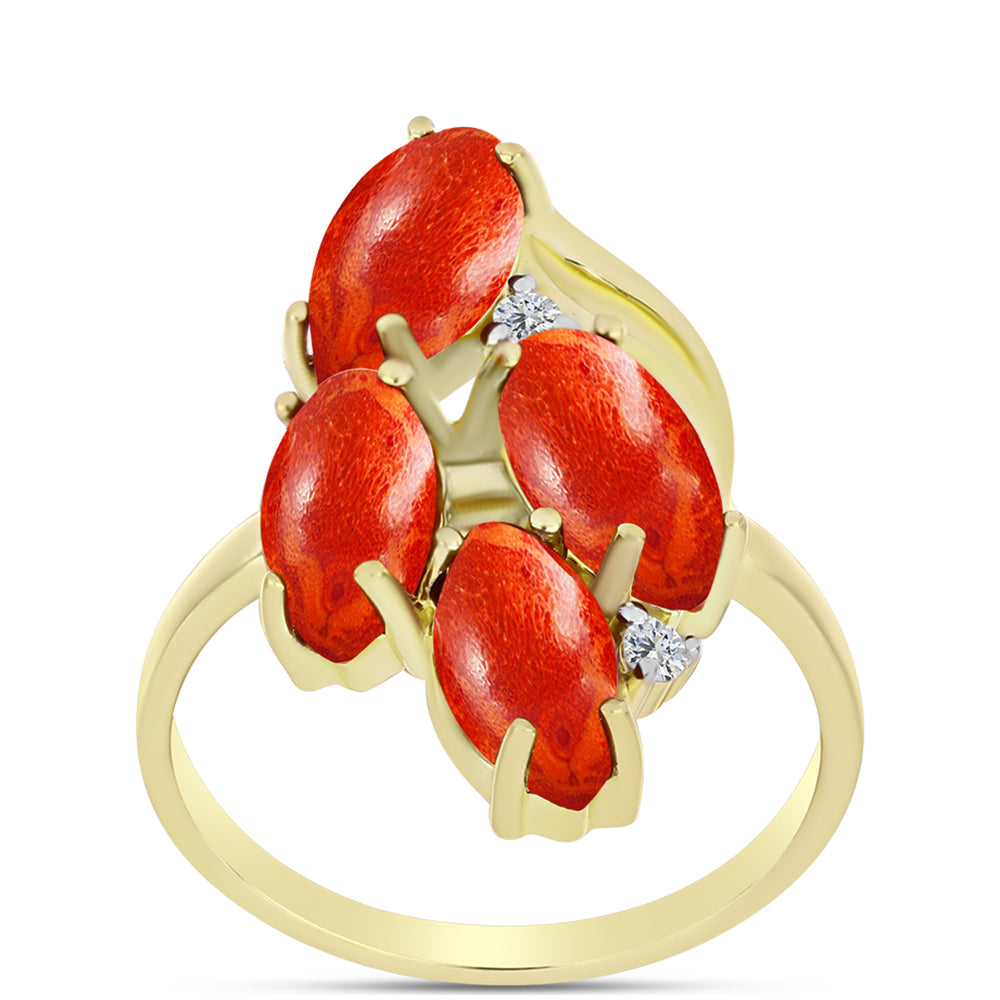 Inel din Argint 925 Placat cu Aur ( 3.54 grame ) cu Coral Roșu Burete și Topaz Alb 3.89 Carate 3 