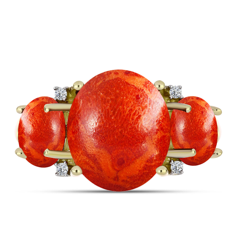 Inel din Argint 925 Placat cu Aur ( 3.13 grame ) cu Coral Roșu Burete și Topaz Alb 4.98 Carate