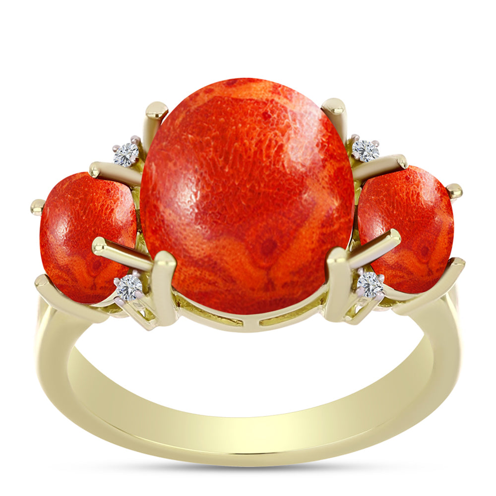 Inel din Argint 925 Placat cu Aur ( 3.13 grame ) cu Coral Roșu Burete și Topaz Alb 4.98 Carate