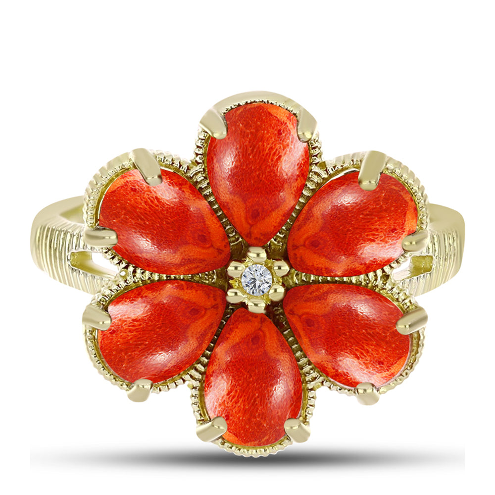 Inel din Argint 925 Placat cu Aur ( 3.85 grame ) cu Coral Roșu Burete și Topaz Alb 3.58 Carate 1 