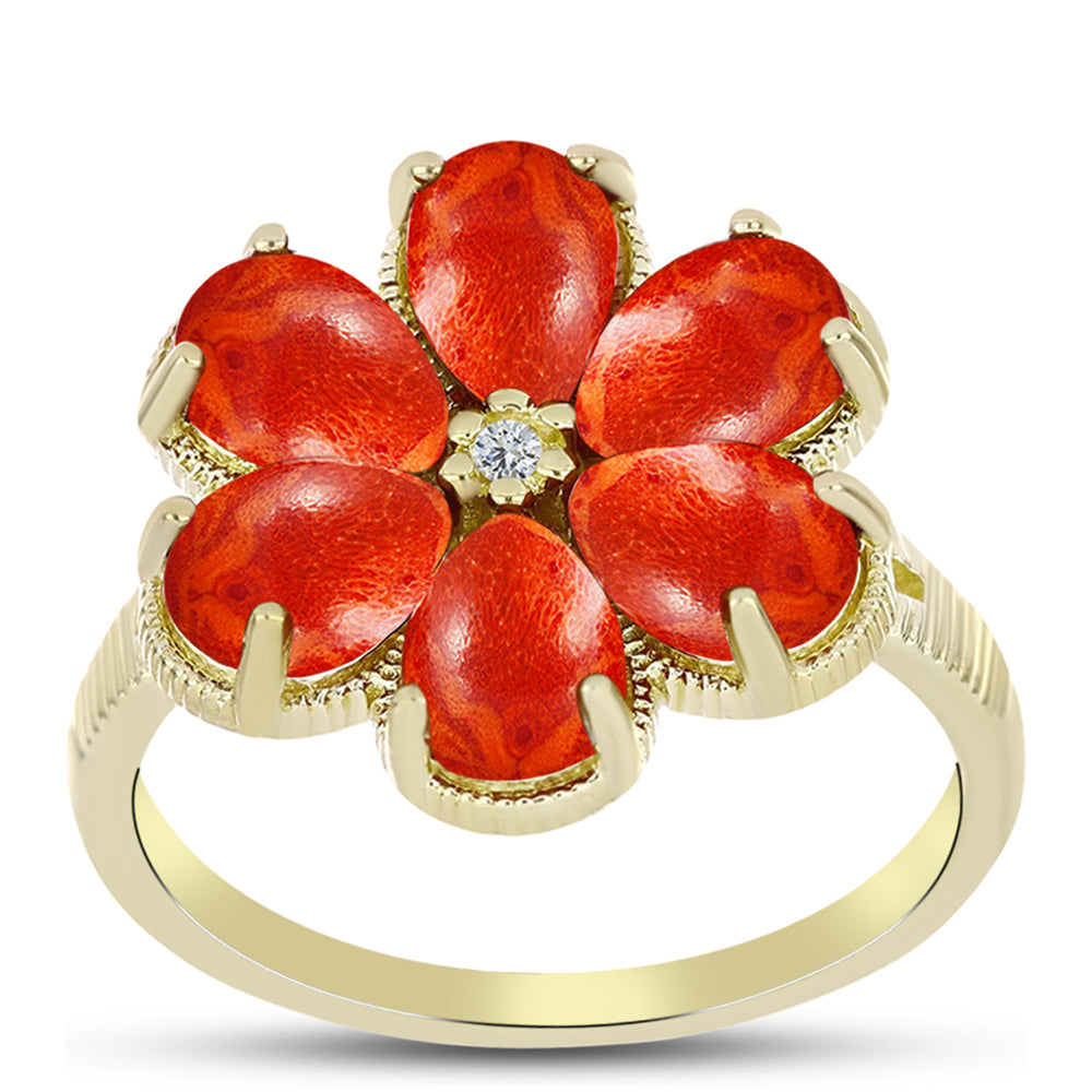 Inel din Argint 925 Placat cu Aur ( 3.85 grame ) cu Coral Roșu Burete și Topaz Alb 3.58 Carate