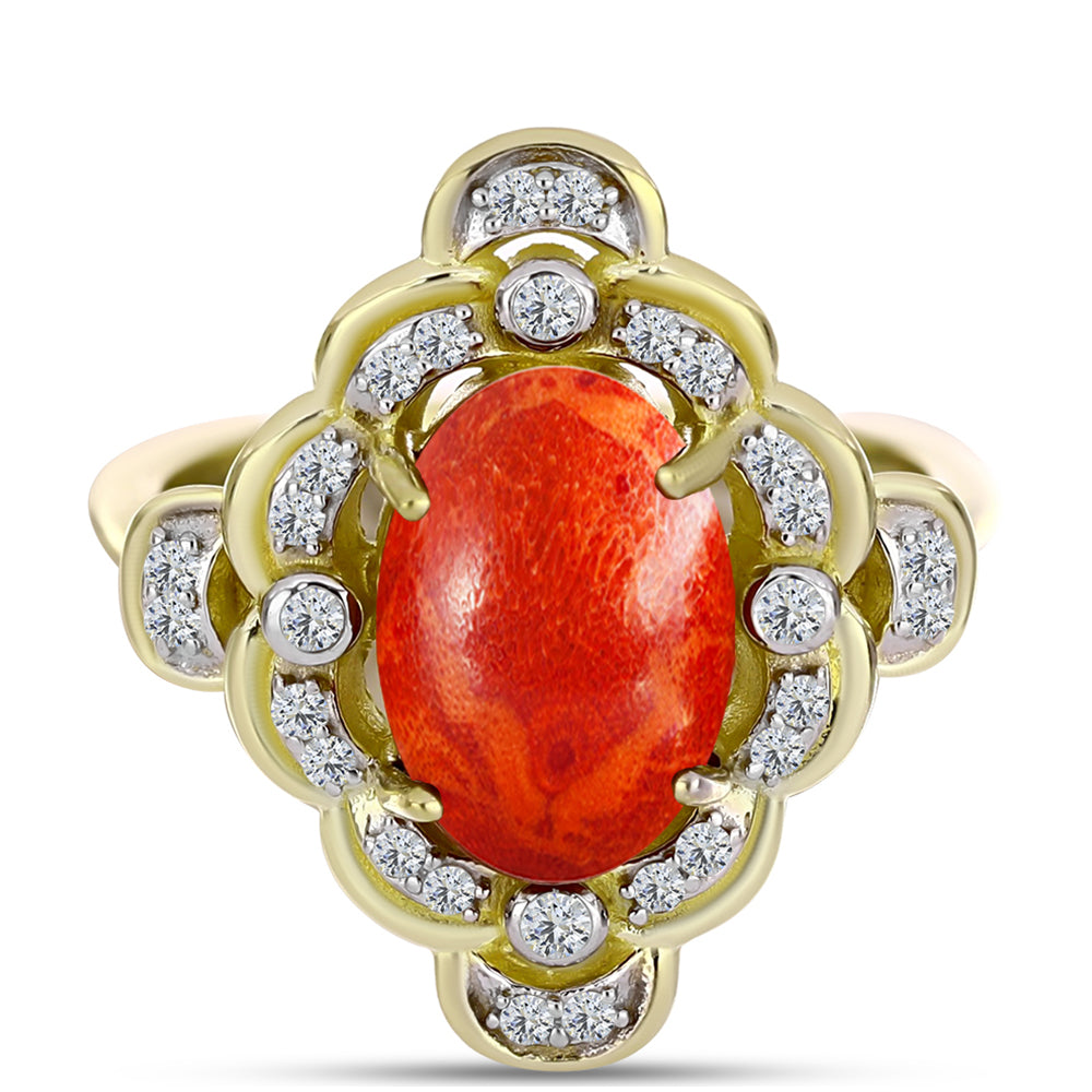 Inel din Argint 925 Placat cu Aur ( 4.56 grame ) cu Coral Roșu Burete și Topaz Alb 3.27 Carate