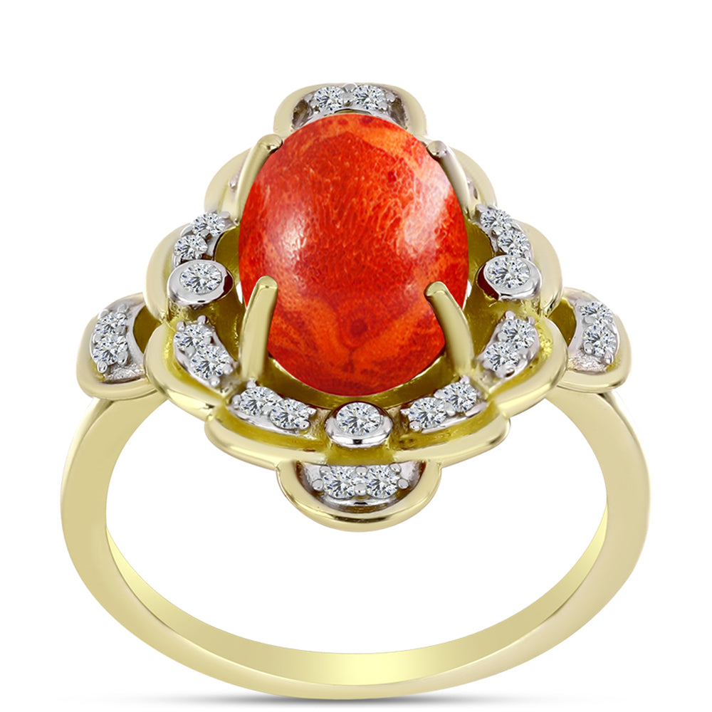 Inel din Argint 925 Placat cu Aur ( 4.56 grame ) cu Coral Roșu Burete și Topaz Alb 3.27 Carate