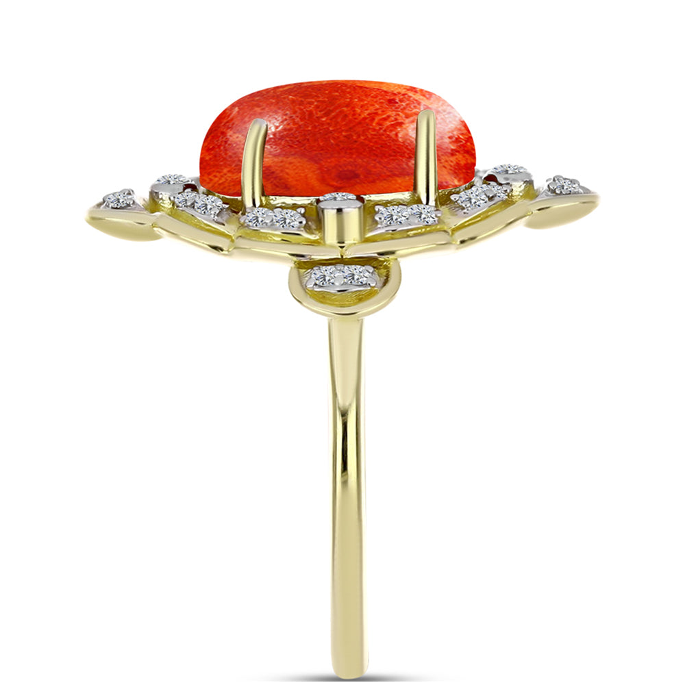 Inel din Argint 925 Placat cu Aur ( 4.56 grame ) cu Coral Roșu Burete și Topaz Alb 3.27 Carate 4 