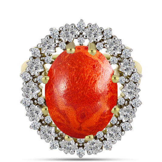 Inel din Argint 925 Placat cu Aur ( 5.92 grame ) cu Coral Roșu Burete și Zircon Alb 9.42 Carate
